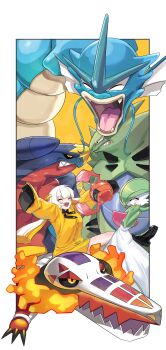 2girls ^_^ absurdres ahoge angry black_bow black_bowtie black_eyes black_footwear black_sclera blonde_hair blush bob_cut boots border bow bowtie breasts breath_weapon breathing_fire buttons clenched_teeth closed_eyes colored_sclera colored_skin commission crocodile crocodilian cross-laced_footwear dress eye_contact face-to-face facial_mark fangs fire flat_chest floating garchomp gardevoir gen_1_pokemon gen_2_pokemon gen_3_pokemon gen_4_pokemon gpaper232 green_hair green_skin gyarados hair_bow hair_over_one_eye hands_clasped_in_delight hands_up happy highres leg_up long_hair long_sleeves looking_at_another medium_breasts multicolored_eyes multicolored_hair multicolored_skin multiple_girls nintendo one_eye_covered open_mouth orange_eyes original outside_border own_hands_together pokemon pokemon_(creature) red_eyes rotom rotom_(heat) sharp_teeth short_dress short_hair sidelocks simple_background skeledirge sleeves_past_fingers sleeves_past_wrists smile standing standing_on_one_leg teeth tongue two-tone_hair two-tone_skin tyranitar white_border white_hair white_skin yellow_background yellow_bow yellow_dress yellow_eyes