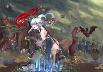 Rule 34 | 1girl, absurdres, ahoge, back, banner, battle standard, black gauntlets, blue dress, blue eyes, blue fire, boots, breasts, clawed gauntlets, dress, fire, floating skull, gauntlets, general geega, grey hair, heterochromia, highres, leotard, lernaean viper, mace, one-eyed, open mouth, pointy ears, ponytail, red eyes, see-through cleavage, see-through clothes, see-through leotard, single gauntlet, sword, thigh boots, thighs, virtual youtuber, vshojo, war banner, weapon, wings