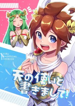 1boy 1girl ahoge ancient_greek_clothes angel angel_wings armlet bare_shoulders belt blue_eyes bracer brown_belt brown_hair chain circlet collarbone commentary_request fanbook feathered_wings fingerless_gloves fingernails forehead_jewel gloves gold_armlet gold_chain gold_vambraces greco-roman_clothes green_hair hair_between_eyes jewelry kid_icarus kid_icarus_uprising laurel_crown looking_at_viewer male_focus neck_ring nintendo open_mouth palutena pit_(kid_icarus) scarf short_hair sidelocks single_bare_shoulder smile spiked_hair translation_request vambraces waffuum white_scarf white_wings wings