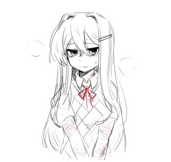 1girl bags_under_eyes blood blush breasts bruise bruise_on_neck cuts doki_doki_literature_club doki_doki_literature_club_school_uniform hair_between_eyes hair_intakes hair_ornament hairclip highres injury long_hair looking_at_viewer red_ribbon ribbon scar school_uniform self-harm self-harm_scar short_sleeves solo ting_mong wrist_cutting yuri_(doki_doki_literature_club)