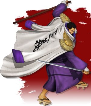 1boy 3d bandai_namco black_hair facial_hair fujitora_(one_piece) full_body holding holding_sword holding_weapon jacket jacket_on_shoulders military military_uniform mustache official_art one_piece one_piece:_pirate_warriors_4 serious short_hair solo standing sword transparent_background weapon