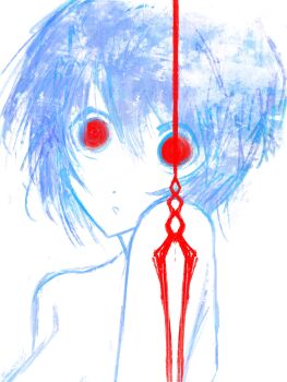 1girl ayanami_rei blue_hair hair_between_eyes highres knowthisdream lance_of_longinus_(evangelion) looking_at_viewer neon_genesis_evangelion nude partially_colored portrait red_eyes white_background wide-eyed