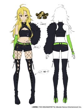 1girl ahoge arrow_(symbol) asymmetrical_sleeves belt black_boots black_shorts blonde_hair boots breasts cleavage cleavage_cutout closed_mouth clothing_cutout commentary_request company_name copyright_name copyright_notice detached_sleeves earrings fingernails fishnet_pantyhose fishnets front_and_back full_body fur_sleeves green_belt green_eyes hand_on_own_hip high_heel_boots high_heels highres hoshii_miki idolmaster idolmaster_(classic) jewelry lam_(ramdayo) long_fingernails long_hair looking_at_viewer midriff mismatched_sleeves multiple_views nail_polish navel official_art pantyhose purple_nails reference_sheet shorts simple_background single_bare_shoulder sleeveless smile standing thigh_boots translation_request white_background
