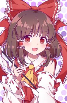 1girl ascot blush bow brown_hair commentary_request detached_sleeves frilled_bow frilled_hair_tubes frills gohei hair_bow hair_tubes hakurei_reimu holding holding_gohei imperishable_night kaoling long_hair looking_at_viewer open_mouth red_bow red_eyes ribbon-trimmed_sleeves ribbon_trim smile solo touhou yellow_ascot