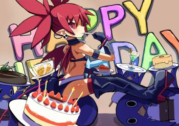 Rule 34 | 1girl, belt, bikini, black bikini, black boots, black gloves, boots, breasts, cake, candle, cocktail glass, cup, demon girl, demon tail, demon wings, disgaea, disgaea rpg, drinking glass, eating, etna (disgaea), food, gloves, happy birthday, highres, long hair, natrium (jokenato), pointy ears, prinny, red eyes, red hair, red thighhighs, sitting, sitting on person, small breasts, swimsuit, tail, thigh boots, thighhighs, thighs, twintails, wings