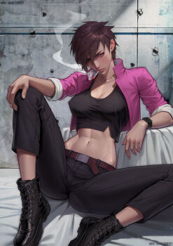 Rule 34 | 1girl, abs, akio sang, alternate breast size (larger), ass, belt, black boots, black pants, black shirt, boots, breasts, bullet hole, cigarette, cleavage, commentary, covered erect nipples, crop top, cropped jacket, dark-skinned female, dark skin, denim, dispatch, english commentary, face piercing, hand on own knee, highres, invisigal (dispatch), jacket, jeans, linea alba, navel, nose piercing, nose ring, pants, piercing, pink jacket, purple belt, septum piercing, shirt, short hair, sitting, smoke, smoke trail, smoking, solo, toned, toned female, watch