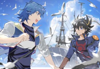 2boys 99ki5 artist_collaboration bird black_hair black_shirt blue_coat blue_eyes blue_hair blue_sky blurry blurry_foreground brown_gloves bruno_(yu-gi-oh!) clenched_hand cloud coat cowboy_shot dappled_sunlight elbow_gloves facial_mark facing_another fudo_yusei gloves hair_slicked_back happy holding_hands looking_back male_focus military_vehicle multiple_boys open_clothes open_coat open_mouth outdoors popped_collar ship shirt shoulder_pads sky sleeves_rolled_up smile spiked_hair striped_clothes striped_shirt sunlight turning_head warship watercraft white_coat yu-gi-oh! yu-gi-oh!_5d's