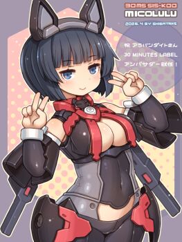 1girl 30_minutes_sisters black_hair blue_eyes bodysuit breasts cleavage_cutout clothing_cutout commentary_request covered_navel cutout_below_navel double_v headgear looking_at_viewer medium_breasts micolulu shigatake short_hair smile solo v