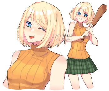 1girl absurdres ashley_graham bare_arms bare_shoulders baseball_bat blonde_hair blue_eyes bob_cut breasts clenched_teeth cowboy_shot green_skirt highres holding holding_baseball_bat light_blush medium_breasts multiple_views one_eye_closed open_mouth orange_shirt plaid_clothes plaid_skirt pleated_skirt resident_evil resident_evil_4 resident_evil_4_(remake) shirt short_hair skirt sleeveless sleeveless_turtleneck smile solo sweatdrop teeth tiroma turtleneck twitter_username upper_body white_background