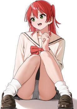 1girl absurdres ankle_socks arm_at_side bocchi_the_rock! bow bow_panties brown_sailor_collar brown_shirt brown_shoes commentary_request crotch_seam double-parted_bangs full_body green_eyes grey_panties grey_skirt hand_up highres kita_ikuyo knees_up loafers long_hair long_sleeves looking_to_the_side loose_socks magurotatakighn miniskirt one_side_up open_mouth panties penny_loafers picot_trim_panties polka_dot polka_dot_panties red_bow red_hair sailor_collar school_uniform serafuku shirt shoes shuka_high_school_uniform simple_background sitting skirt smile socks solo straight_hair underwear white_background white_socks