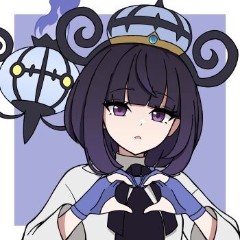 1girl black_dress black_hair blue_gloves blunt_bangs bokutaaaa border chandelure coat dress eyelashes gen_5_pokemon gloves gradient_hair gwynn_(pokemon) heart heart_hands highres long_sleeves looking_at_viewer mega_stone multicolored_hair nintendo open_clothes open_coat open_mouth outside_border partially_fingerless_gloves pokemon pokemon_(creature) pokemon_legends:_z-a purple_eyes purple_hair short_hair upper_body white_border white_coat