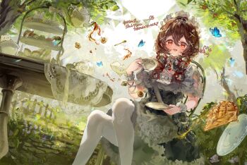 1girl absurdres apple_pie blue_butterfly brown_hair bug butterfly commission corset cup dessert dress floating floating_object food forest hair_ornament hair_ribbon headdress hibari_yuu highres holding holding_cup insect long_hair looking_at_viewer nature open_mouth original outdoors pie red_eyes red_ribbon ribbon short_sleeves short_twintails skeb_commission solo spoon table tea teacup teapot thighhighs tiered_tray tree twintails white_dress white_headdress white_thighhighs x_hair_ornament
