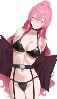 Rule 34 | 1girl, absurdres, bare shoulders, belt, bikini, black belt, black bikini, black choker, blush, breasts, choker, cleavage, closed eyes, collarbone, commentary request, cowboy shot, duel monster, exosister martha, garter belt, groin, hair between eyes, highres, jacket, large breasts, leaning to the side, long hair, military jacket, navel, off shoulder, open clothes, open jacket, pink hair, ponytail, red jacket, sha (user kupm7858), sidelocks, simple background, solo, standing, stomach, sweat, swimsuit, very long hair, white background, yu-gi-oh!
