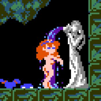 1girl aliasing unworn_armor ass barefoot breasts unworn_clothes female_focus long_hair lucia_(madura_no_tsubasa) madura_no_tsubasa nude orange_hair pixel_art red_hair saiwai_hiroshi shower solo statue sunsoft