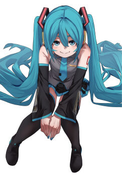 1girl black_boots black_skirt black_sleeves black_thighhighs blue_eyes blue_hair blue_necktie boots closed_mouth commentary_request detached_sleeves fang fu-ta grey_shirt hair_between_eyes hatsune_miku highres long_hair looking_at_viewer necktie pleated_skirt shirt simple_background sitting skirt smile solo thigh_boots thighhighs twintails vocaloid white_background zettai_ryouiki