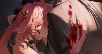 1boy 1girl black_bow black_collar black_hair black_jacket blood blood_on_face blood_on_hands bow braid changli_(wuthering_waves) collar commentary english_commentary hair_between_eyes hair_bow hair_extensions hair_ornament half-closed_eye highres hug jacket long_hair male_rover_(wuthering_waves) parted_lips pink_hair ring_hair_extensions rover_(wuthering_waves) ruoruoqiu wuthering_waves yellow_eyes