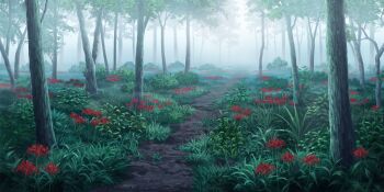 artist_request bush day flower fog game_cg highres no_humans outdoors path red_flower road scenery spider_lily third-party_source touhou touhou_lostword tree