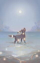 animal_focus cloud commentary_request eclipse full_body gen_2_pokemon gigigimimi glowing_markings highres looking_up nintendo no_humans ocean outdoors pokemon pokemon_(creature) red_eyes sand shooting_star shore sky slit_pupils solo umbreon wading water
