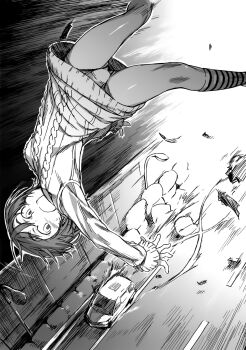 Rule 34 | 1girl, aran sweater, blush, cable knit, car, explosion, female focus, flat chest, haimura kiyotaka, highres, kinuhata saiai, legs, long sleeves, monochrome, motor vehicle, novel illustration, official art, open mouth, outdoors, panties, pantyshot, sexually suggestive, short hair, socks, solo, solo focus, sweater, thighs, thrown, toaru majutsu no index, toaru majutsu no index: old testament, underwear