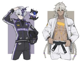 Rule 34 | 1boy, 1other, alternate costume, animal ears, animal nose, arm up, belt, black belt, black fur, black jacket, black pants, black sweater, blood, border, braid, broken skin, chimera (honkai: star rail), closed mouth, clothes writing, collarbone, colored sclera, commentary, cowboy shot, creature, crying, crying with eyes open, dark-skinned male, dark skin, fire, flame reaver of the deepest dark, gold blood, grey background, grey hair, hair between eyes, hair ornament, hand on own head, helmet, highres, holding, holding unworn helmet, honkai: star rail, honkai (series), horns, jacket, lapels, long hair, long sleeves, looking at viewer, mobius strip, multiple braids, muscular, muscular male, nanook (honkai: star rail), navel, open clothes, open shirt, orange eyes, outside border, pale skin, pants, papajay (jennygin2), phainon (honkai: star rail), phainon (vigethos) (honkai: star rail), purple background, purple eyes, purple fire, purple sclera, racing suit, scar, shirt, short hair, simple background, standing, sweat, sweater, symbol-only commentary, tail, tears, turtleneck, turtleneck sweater, two-tone fur, unworn headwear, unworn helmet, white border, white fur, white pants, white shirt, wide sleeves, wristband