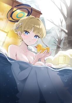 1girl absurdres blonde_hair blue_archive blue_eyes blue_halo blush braid breasts collarbone commentary_request hair_bun half_up_braid halo highres holding_rubber_duck knees_up looking_at_viewer medium_breasts nude onsen outdoors partially_submerged prock rubber_duck sitting solo steam toki_(blue_archive) water