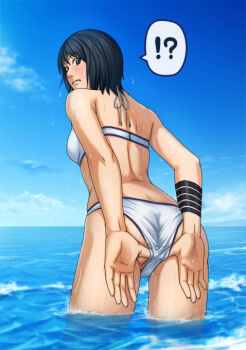 Rule 34 | !?, 1girl, adjusting clothes, adjusting swimsuit, ass, back, bikini, black eyes, black hair, blush, breasts, cloud, female focus, from behind, leaning forward, looking back, naruto (classic), naruto (series), ocean, outdoors, shizune (naruto), short hair, sky, solo, standing, swimsuit, tk (tk's level4), wading, water, wet