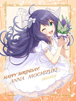 1girl 2023 absurdres ahoge aqua_eyes blush border bouquet bow bracelet character_name collarbone dress earrings floral_print flower framed hair_between_eyes happy_birthday highres holding holding_bouquet idolmaster idolmaster_million_live! idolmaster_million_live!_theater_days jewelry long_hair looking_at_viewer lupinus_(flower) mochizuki_anna nail_polish one_eye_closed open_mouth ornate_border pendant purple_flower purple_hair ribbon see-through_clothes see-through_sleeves shiro_(ongrokm) short_sleeves smile solo white_dress white_flower