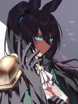 1girl absurdres adjusting_clothes adjusting_gloves animal_ears armor baejimile black_gloves black_hair blue_eyes breasts cleavage closed_mouth commentary_request gloves green_jacket hair_between_eyes hands_up highres horse_ears jacket looking_at_viewer medium_breasts pauldrons ponytail shoulder_armor single_pauldron solo symboli_kris_s_(onyx_soldier)_(umamusume) symboli_kris_s_(umamusume) umamusume upper_body