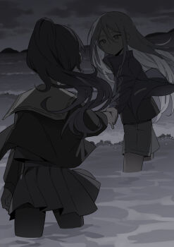 Rule 34 | 2girls, asahina mafuyu, black pantyhose, closed mouth, cowboy shot, hair between eyes, holding hands, jacket, long hair, long sleeves, miniskirt, miyamasuzaka girls' academy school uniform, monochrome, multiple girls, muted color, namgic, ocean, outdoors, pantyhose, pleated skirt, ponytail, project sekai, sailor collar, school uniform, serafuku, shirt, shorts, skirt, sky, smile, standing, track jacket, wading, yoisaki kanade