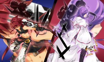 1boy 1girl aisha_landar ara_haan ara_han bad_id bad_pixiv_id black_thighhighs blue_background chung_seiker coat elemental_master_(elsword) elsword elsword_(character) eve_(elsword) glowing glowing_eyes hair_over_eyes highres long_hair midriff pants purple_hair raven_cronwell red_background red_hair rena_erindel reverse_grip rune_slayer_(elsword) serious silhouette smile split_screen sword thighhighs vilor vs weapon zoom_layer