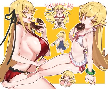 1boy 1girl absurdres age_comparison araragi_koyomi ass bare_shoulders barefoot between_breasts bikini blonde_hair blush breasts chibi donut dual_persona ebora fang food head_between_breasts highres holding holding_donut holding_food kiss-shot_acerola-orion_heart-under-blade large_breasts long_hair looking_at_viewer monogatari_(series) multiple_views open_mouth oshino_shinobu pointy_ears sideboob small_breasts smile swimsuit toes vampire very_long_hair yellow_eyes