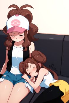 2girls :o absurdres ass baseball_cap black_pantyhose black_vest blush breasts brown_hair closed_eyes commentary couch denim denim_shorts donut_hair_bun english_commentary hair_bun hat high_ponytail highres hilda_(pokemon) lying multiple_girls nintendo on_side pantyhose pantyhose_under_shorts pokemon pokemon_bw pokemon_bw2 ponytail rosa_(pokemon) short_shorts shorts sidelocks sitting sleeping sleeping_on_person su1zide tank_top thighs vest white_tank_top yellow_shorts