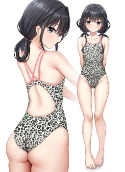 1girl adagaki_aki animal_print ass barefoot black_hair commentary_request competition_swimsuit folded_twintails from_behind full_body grey_eyes highres leopard_print looking_at_viewer low_twintails masamune-kun_no_revenge multiple_views ncontrail_(mgax7527) one-piece_swimsuit simple_background swimsuit twintails white_background