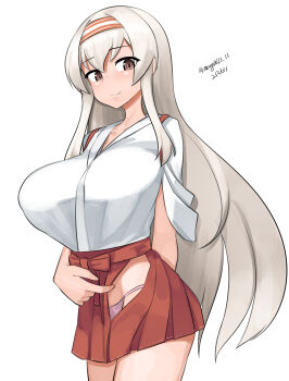 1girl absurdres breasts brown_eyes clothing_cutout commentary_request cowboy_shot dated grey_hair hairband hakama hakama_skirt highres hip_vent japanese_clothes kantai_collection kosode large_breasts long_hair maru_(marg0613) one-hour_drawing_challenge panties pink_panties red_hakama red_skirt shoukaku_(kancolle) skirt solo striped_clothes striped_hairband tasuki twitter_username underwear