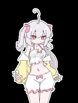 1girl a_simple_life_with_my_unobtrusive_sister ahoge animated animated_gif bouncing_breasts bow breasts camisole cardigan cardigan_partially_removed cleavage closed_eyes cowboy_shot dancing frills grey_hair hair_bow long_hair looking_at_viewer looping_animation midriff navel niliu_chahui open_cardigan open_clothes original pointy_ears red_eyes shorts simple_background solo swaying swaying_hip sweater transparent_background twintails very_long_hair white_camisole white_shorts yellow_sweater