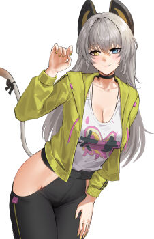 1girl absurdres animal_ears anoreika_tomoe bare_hips black_choker black_pants blue_eyes blush breasts cat_ears cat_tail choker cleavage closed_mouth clothing_cutout collarbone commentary dot_nose english_commentary fake_animal_ears fang girls&#039;_frontline girls&#039;_frontline_2:_exilium green_jacket grey_hair hair_between_eyes hand_on_own_thigh hand_up heterochromia highres hip_vent jacket leaning_forward light_blush light_smile long_hair looking_at_viewer mechanical_ears official_alternate_costume open_clothes open_jacket pants peritya_(born_huntress)_(girls&#039;_frontline_2) peritya_(girls&#039;_frontline_2) shirt simple_background smile solo tail tight_clothes tight_pants white_background white_shirt yellow_eyes yellow_nails yoga_pants