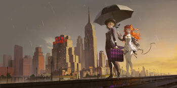 2girls :o absurdres belt black_coat black_footwear black_headwear black_pants blonde_hair boater_hat boots bow brown_vest building case checkered_hairband city cityscape coat collared_shirt curly_hair dress dusk empire_state_building formal_clothes full_body gloves green_eyes grey_footwear grey_sky hair_bun hairband hand_up hat hat_bow high_collar highres holding holding_case holding_umbrella knee_boots lamppost long_hair long_sleeves looking_afar multiple_girls neon_lights new_york_city official_art orange_hair pants puffy_long_sleeves puffy_sleeves rain reverse:1999 scenery shared_umbrella shirt sidelighting sky sonetto_(reverse:1999) suit swept_bangs thigh_belt thigh_strap twilight two_side_up umbrella vertin_(reverse:1999) vest walking white_dress white_gloves white_pants white_shirt wide_shot yellow_eyes yetecong