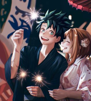1boy 1girl blue_kimono blush boku_no_hero_academia breasts brown_hair closed_eyes commentary english_commentary facial_scar fireworks floral_print floral_print_kimono flower freckles green_eyes green_hair hair_flower hair_ornament highres holding holding_fireworks japanese_clothes kacchansbf83 kimono looking_at_another medium_breasts midoriya_izuku multiple_scars open_mouth pink_kimono print_kimono scar scar_on_arm scar_on_cheek scar_on_face scar_on_hand short_hair smile sparkler upper_body uraraka_ochako
