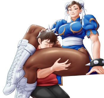 Rule 34 | 1boy, 1girl, absurdres, black pants, blue dress, blush, boots, bracelet, breasts, brown eyes, brown hair, brown pantyhose, capcom, china dress, chinese clothes, chun-li, closed eyes, croissama, double bun, dress, earrings, flustered, grabbing another's thighs, hair bun, hand on another's head, head between thighs, hetero, highres, jewelry, kissing thigh, large breasts, legs, pants, pantyhose, red shirt, shirt, short hair, short sleeves, simple background, sitting, sphere earrings, spiked bracelet, spikes, street fighter, street fighter 6, thick thighs, thigh grab, thighs, white background, white boots