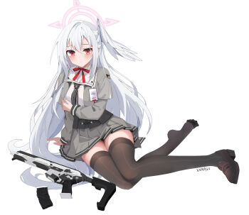 1girl artist_name assault_rifle black_thighhighs blue_archive blush closed_mouth commentary_request feathered_wings grey_jacket grey_skirt gun halo head_wings highres jacket long_hair long_sleeves looking_at_viewer magazine_(weapon) neck_ribbon neckerchief pink_halo pleated_skirt red_eyes red_ribbon ribbon rifle shirt sig_mcx sig_sauer simple_background single_head_wing sitting skirt solo striped_neckerchief suzumi_(blue_archive) thighhighs thighs weapon white_background white_hair white_shirt white_wings wings xnnagu yokozuwari zettai_ryouiki