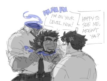 Rule 34 | 2boys, anger vein, bara, beard, black hair, blue fire, chinstrap beard, dark-skinned male, dark skin, disembodied head, english text, facial hair, facial scar, fire, forked eyebrows, from side, height difference, height envy, highres, looking at viewer, male focus, mature male, mestses, multiple boys, muscular, muscular male, necktie, protagonist 5 (housamo), sandayu (housamo), scar, scar on cheek, scar on face, sketch, speech bubble, teasing, thick eyebrows, tokyo houkago summoners