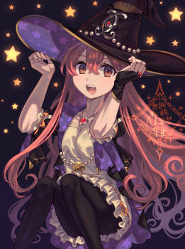1girl atelier_(series) atelier_ayesha black_hat black_pantyhose commentary_request double-parted_bangs dress eyelashes gem hair_between_eyes hat hatiwareoyster highres long_hair open_mouth pantyhose pink_hair red_gemstone smile solo star_(symbol) teeth upper_teeth_only white_dress wilbell_voll-ersleid witch_hat
