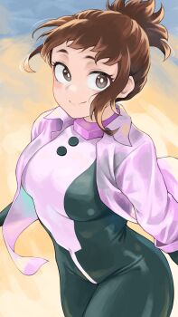 1girl black_bodysuit bodysuit boku_no_hero_academia brown_eyes brown_hair closed_mouth female_focus fengling_(furin-jp) highres jacket looking_at_viewer matching_hair/eyes multicolored_bodysuit official_alternate_hairstyle open_clothes open_jacket pink_bodysuit pink_jacket short_hair sidelocks skin_tight smile solo superhero_costume uraraka_ochako uraraka_ochako_(hero_outfit) white_bodysuit