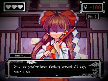 1girl architecture bare_shoulders bow brown_hair character_name closed_mouth commentary detached_sleeves east_asian_architecture english_commentary english_text fake_screenshot frown gohei hair_bow hakurei_reimu heart highres holding holding_gohei japanese_clothes long_hair no_eyes nontraditional_miko pixel_art pov red_bow scanlines shaded_face touhou uni_draws user_interface very_long_hair video_game_dialogue_box wide_sleeves yen_sign