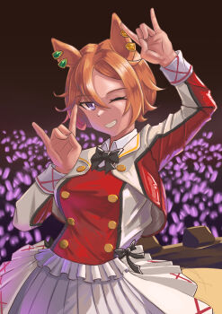 1girl \n/ absurdres animal_ears audience black_bow bow buttons collared_shirt commentary_request cosplay cropped_jacket double-breasted frills glowstick highres horse_ears horse_girl lili_(egas4455) long_sleeves love_live! one_eye_closed orange_hair parted_bangs penlight_(glowstick) pleated_skirt purple_eyes shirt short_hair skirt sore_wa_bokutachi_no_kiseki stage t.m._opera_o_(umamusume) umamusume voice_actor_connection yazawa_nico yazawa_nico_(cosplay)