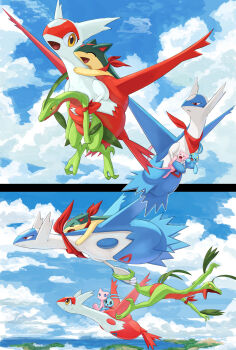 >_< bandana bandana_around_neck blue_eyes blue_sky carrying claws closed_eyes closed_mouth cloud colored_sclera day dragon flying frown gen_1_pokemon gen_2_pokemon gen_3_pokemon gen_4_pokemon grovyle highres holding holding_pokemon island karamimame latias latios legendary_pokemon manaphy mew_(pokemon) mythical_pokemon nintendo no_humans ocean open_mouth outdoors pokemon pokemon_(creature) pokemon_focus quilava red_bandana red_eyes riding riding_pokemon sky smile sweat water wings yellow_eyes yellow_sclera