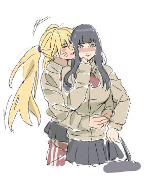 Rule 34 | 2girls, alternate costume, alternate universe, bag, beerenfuchs, blunt bangs, blush, closed mouth, collared shirt, couple, hair between eyes, handbag, happy, highres, holding, hug, hug from behind, hyuuga hinata, jacket, layered clothes, light smile, long hair, long sleeves, multiple girls, naruko (naruto), naruto (series), naruto shippuuden, nose blush, pants, pants under skirt, parted lips, school uniform, shirt, shy, simple background, skirt, smile, straight hair, twintails, upper body, uzumaki naruto, whiskers, white background, yuri