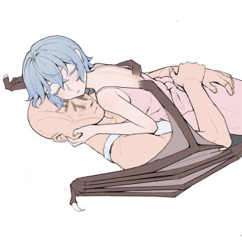 1boy 1girl back bald bare_arms bare_shoulders bat_wings blue_hair blush body_writing brown_wings chinese_commentary closed_eyes closed_mouth colored_eyelashes commentary_request couple crossed_bangs dress expressionless faceless faceless_male facepaint flat_color hair_between_eyes hand_on_another&#039;s_face hands_on_another&#039;s_back heads_together hetero highres light_smile lying median_furrow nightgown no_eyes nose_blush on_back on_stomach pale_skin petite pink_dress pink_nails pink_nightgown remilia_scarlet short_hair simple_background sleeping sleeveless sleeveless_dress tank_top toned toned_male touhou turning_head u_u upper_body viewer_self-insert white_background white_tank_top wings youpofen