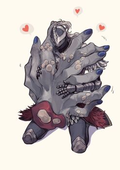 1boy armor armored_gloves blue_nails bone character_request chinese_commentary colored_skin commentary elden_ring extra_digits full_armor full_body grey_skin heart helmet highres hug monster simple_background sitting spoken_heart tarnished_(elden_ring) tworain_w wariza white_background