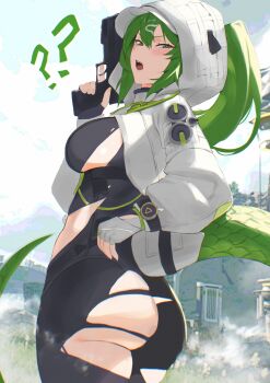 1girl ? ?? absurdres arknights arknights:_endfield ass black_bodysuit bodysuit commentary english_commentary fluorite_(arknights) green_eyes green_hair green_tail gun handgun highres hirosenpai holding holding_gun holding_weapon hood hooded_shrug open_mouth sharp_teeth shrug_(clothing) snake_girl snake_tail solo tail teeth torn_bodysuit torn_clothes upper_teeth_only weapon white_hood white_shrug
